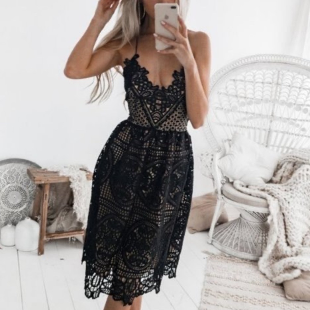 #33 Boho Black lace criss cross back midi Party Wedding dress